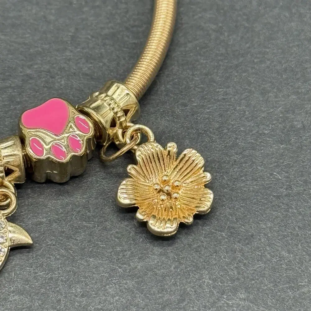 Gold Tone Watch Charm Bracelet Set 3 Pc Rhinestone Pink Dial Pear Cut Crystal